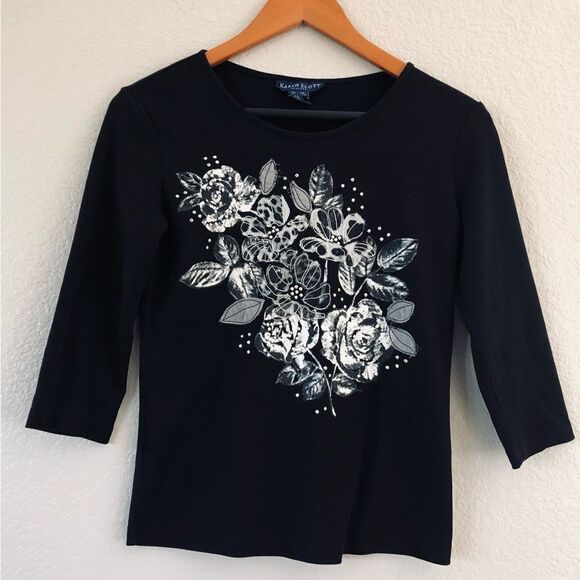 Karen Scott Floral Embellished Black Top PP - Picture 1 of 4